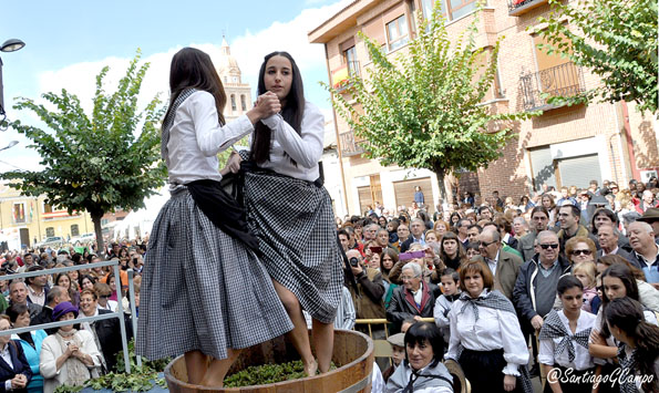 Dos jÃ³venes realizan el tradicional pisado de la uva en la Fiesta de la Vendimia de Rueda.